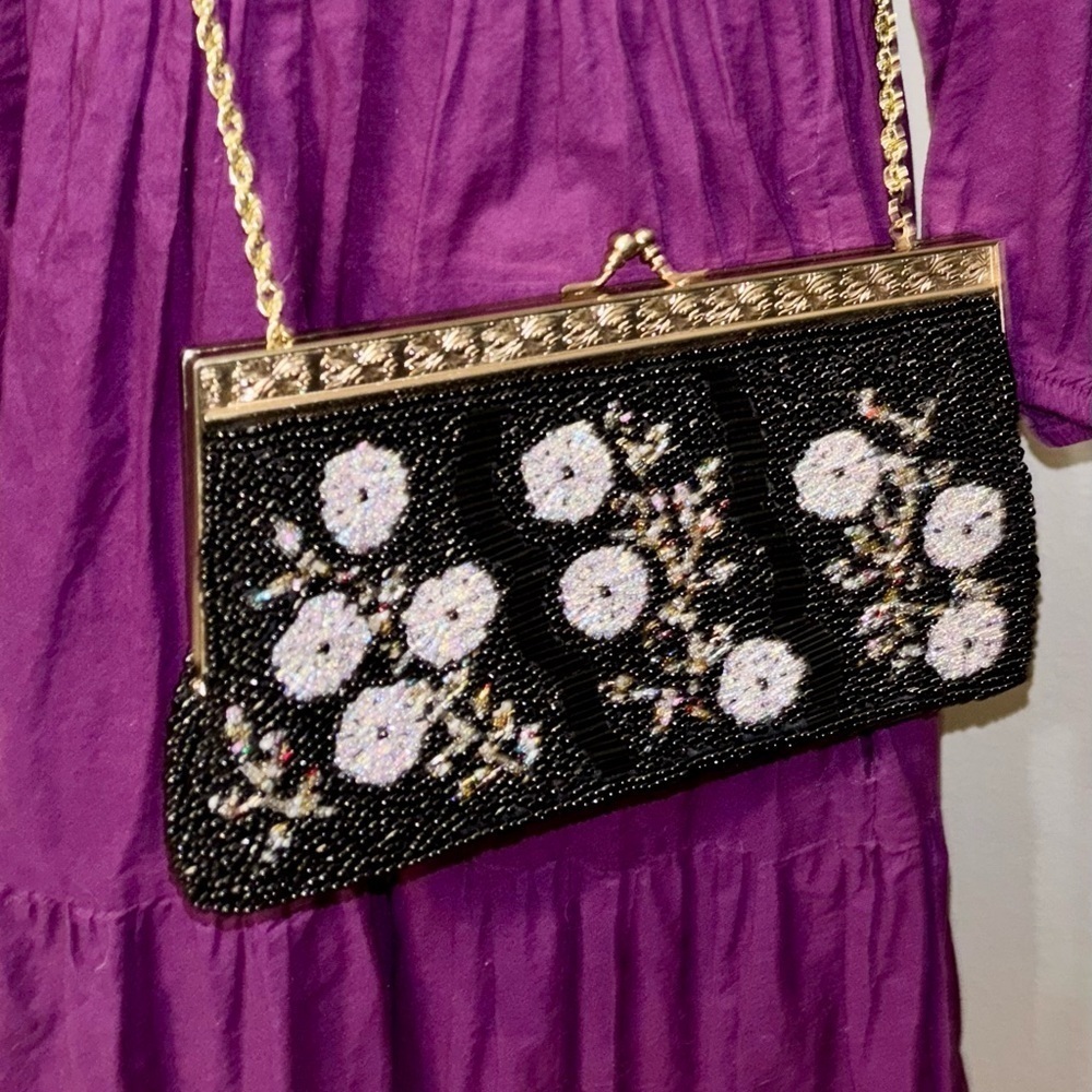 🔥Rare Vintage🔥 Stunning Mid Century Floral Glass Beaded Evening Clutch Purse - Picture 2 of 10